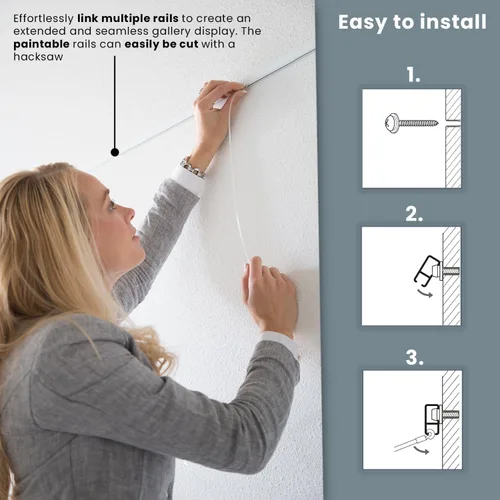 Miniatura 5 de STAS Cliprail Pro - Juego de sistema para colgar fotos, color negro, cubre 4.92 pies de espacio de pared, riel de fotos resistente y kit de galería