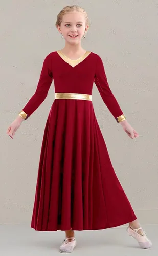 Miniatura 6 de Vestido de baile de alabanza para niñas, color dorado metálico, vestido litúrgico, vestido de iglesia, vestido de longitud completa, disfraz lírico