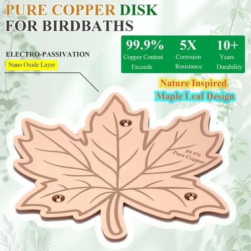 Miniatura 2 de Disco purificador de baño de pájaros de cobre puro 99.99%, diseño de hoja de arce, 0.024 in de grosor, limpiador de agua de soporte de triple punto