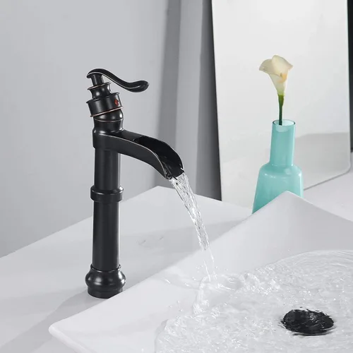 Miniatura 3 de Bathfiness - Grifos de baño de bronce aceitado cascada para fregadero de baño, 1 agujero, mango único con líneas de suministro de tapón de drenaje