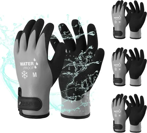 Miniatura 9 de DULFINE Guantes de trabajo 100% impermeables para hombres y mujeres, agarre recubierto de látex de espuma, paquetes múltiples térmicos de invierno