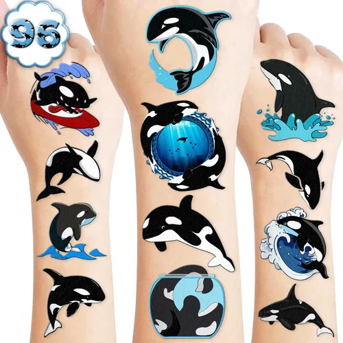 96 piezas de decoración de fiesta de cumpleaños de ballena precortada de orca, suministros de recuerdo de ballena asesina del océano marino,