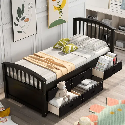Harper & Bright Designs Base de cama individual con cajones de almacenamiento, marco de cama de madera maciza, no necesita somier (cama individual