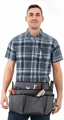 Miniatura 8 de Under NY Sky Delantal de herramientas – Soporte magnético para herramientas – Lona Oxford gris resistente – Parte trasera cruzada – 18 bolsillos