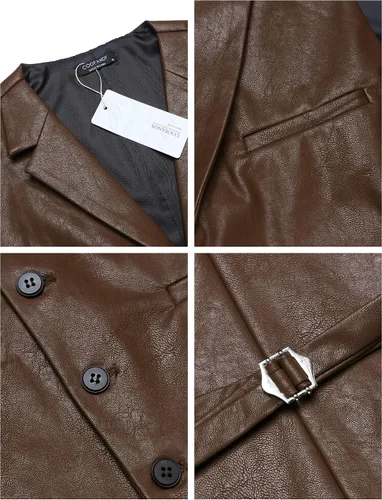 Miniatura 5 de COOFANDY Chaleco de traje de cuero para hombre, ajustado, casual, chaleco occidental, chaleco ligero con cuello en V