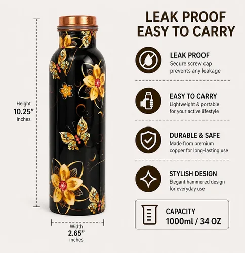 Miniatura 2 de Botella de agua de cobre puro - Hecha a mano - Beneficios para la salud ayurvédica - Grande 35 oz - A prueba de fugas - Fácil de llevar para Negro