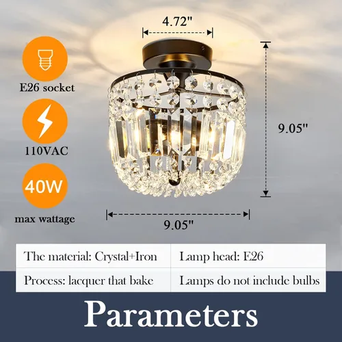 Miniatura 2 de YYJLX Lámpara de araña pequeña de cristal con 2 luces, moderna lámpara de techo semiempotrada para pasillo, cocina, vestíbulo (negro)