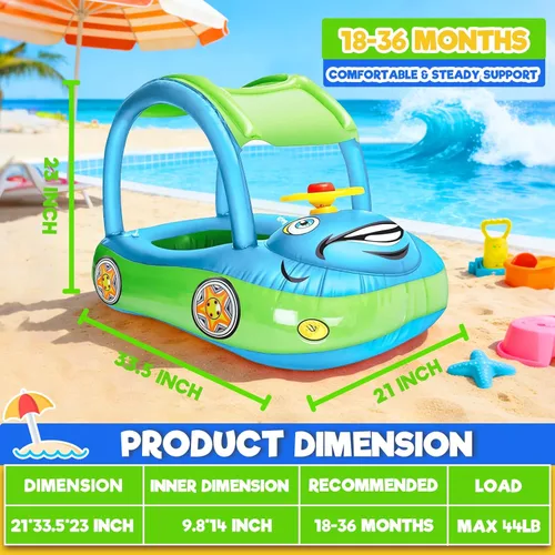 Miniatura 5 de iGeeKid Flotador inflable de piscina para bebé con toldo, asiento de seguridad para bebé, flotadores de natación en forma de automóvil, flotadores