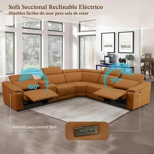 Miniatura 8 de Sofá Seccional Reclinable Eléctrico, Juego de Muebles de Sala en Forma de L, Sofá de Cuero Marrón Claro, Sofá Seccional Reclinable con Consola