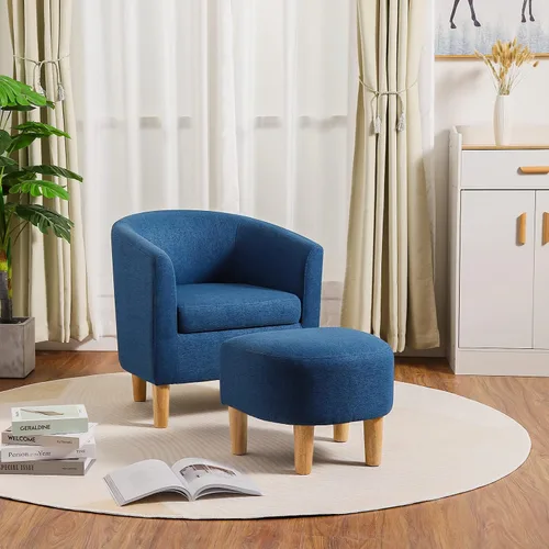 Miniatura 8 de DAZONE - Silla de acento de mediados de siglo moderna con otomano, juego de sillas cómodas con apoyapiés para sala de estar, sofá de barril redondo