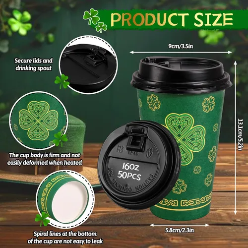 Miniatura 2 de JarThenaAMCS Tazas de café desechables del día de San Patricio con tapas, 16 onzas, trébol de la suerte, tazas de café para llevar, taza de café