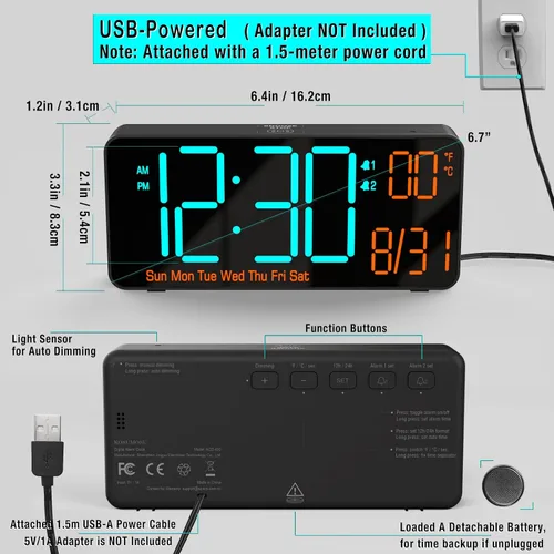 Miniatura 6 de KOSUMOSU Reloj digital para dormitorio de 6.7 pulgadas, despertador para sala de estar, atenuación automática, fecha, semana, segundos, temperatura