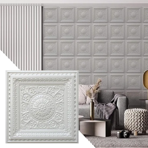 Miniatura 11 de Dundee Deco Panel decorativo de techo 3D de PVC con diseño floral victoriano, plateado antiguo, 2 pies x 2 pies (23.6 in x 23.6 in), 4 pies Plata