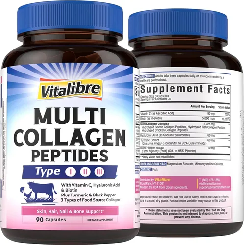 Vitalibre Péptidos multicolágeno, hidrolizados, tipo I, II, III, vitamina C, biotina, ácido hialurónico, cúrcuma y pimienta negra, soporte para la