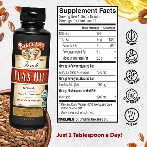 Miniatura 2 de Barlean's Aceite de linaza orgánico líquido de semillas frescas de lino prensadas en frío, 7,640 mg ALA Omega 3 Suplemento de ácidos grasos