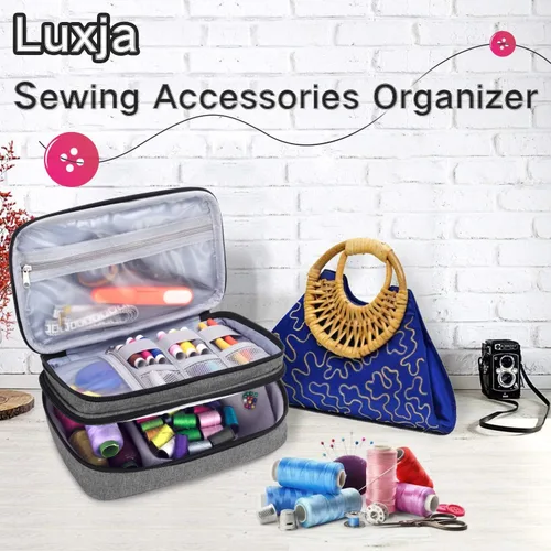 Miniatura 8 de Luxja Organizador de accesorios de costura, organizador de suministros de costura de doble capa para agujas, tijeras, cinta métrica, hilo y otras