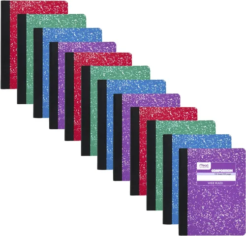 Mead Cuaderno de Composición, Paquete de 12, Papel de Rayas Anchas, 7-1/2" x 9-3/4", 100 Hojas por Cuaderno de Composición, Los Colores Pueden