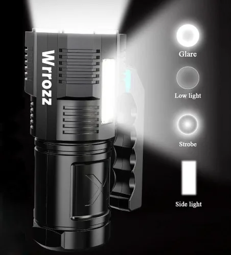 Miniatura 3 de Wrrozz - Linterna LED recargable USB, luz táctica de alto lúmenes con luz lateral, 4X LED, linternas superbrillantes ampliables, portátiles