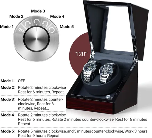 Miniatura 3 de Mono-gatari Enrollador de reloj doble para relojes automáticos, 5 ajustes de modo de rotación con luz LED, rotor de reloj doble en acabado de piano