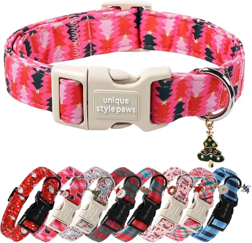 Miniatura 18 de Collar de perro de Navidad de Unique Style Paws con hebilla de plástico y colgante, a cuadros rojo y negro, collares de algodón para cachorros