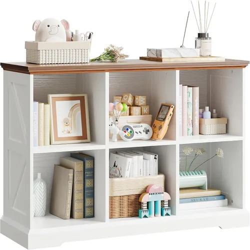 Miniatura 3 de IRONCK Organizador de almacenamiento de 6 cubos, estante de madera con almacenamiento, estantería de granja para dormitorio, sala de estar y oficina
