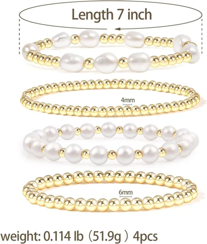 Miniatura 2 de Pulseras de cuentas de oro para mujer, perlas barrocas apilables, chapadas en oro de 14 quilates, pulsera de bolas elásticas para regalo de joyería