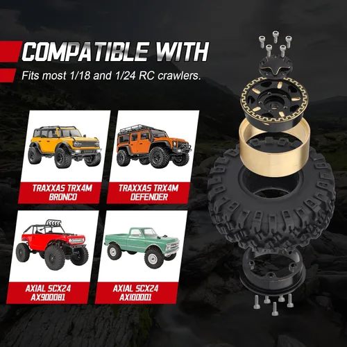 Miniatura 3 de Hobbypark Ruedas y neumáticos Beadlock de latón 1.0 para TRX4M actualizaciones Axial SCX24 1/24 RC Crawler piezas de repuesto, juego de 4 (tipo A)