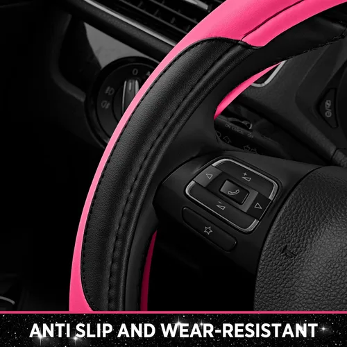 Miniatura 6 de Road Comforts Funda de Volante de Cuero - Hecha con Cuero PVC - Antideslizante, Ajuste Universal de 14 1/2 pulgadas a 15 pulgadas - Rosa Intenso