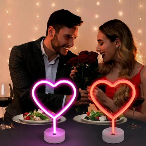 Miniatura 5 de BRIGHTDECK Decoraciones del Día de San Valentín, 2 paquetes de letreros de neón en forma de corazón, luces LED rosas, baterías incluidas