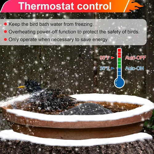 Miniatura 5 de Saillong Descongelador de baño para pájaros, roca calentada, sumergible de 80 W, calentador de agua de invierno controlado termostático con base