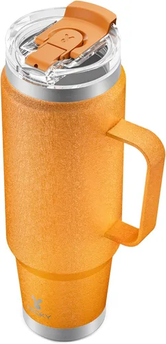 Meoky - Vaso de 40 onzas con asa, taza de viaje de acero inoxidable con pajilla y tapa 2 en 1, taza de café con aislamiento al vacío, 100% a prueba
