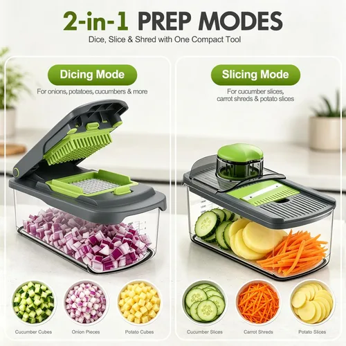 Miniatura 2 de Ourokhome Picadora manual de alimentos con contenedor, cortador de verduras de mandolina y cebolla con 8 cuchillas, trituradora de verduras
