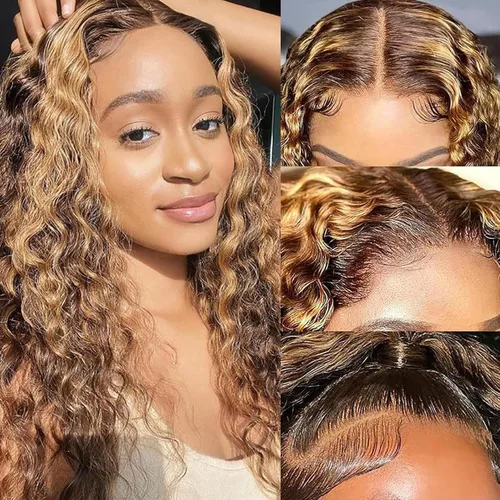 Miniatura 24 de SENSAIRUITE Peluca Rizada Ombré con Reflejos Rubio Miel Peluca con Diadema Cabello Humano 12 Pulgadas Onda Profunda Densidad 180% Pelucas