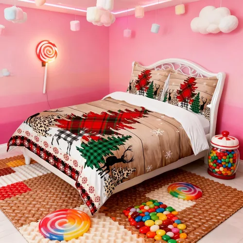 Miniatura 32 de Juego de funda de edredón para niños con diseño de Navidad, tamaño individual, camiones rojos y árboles de pino con copos de nieve, decoración