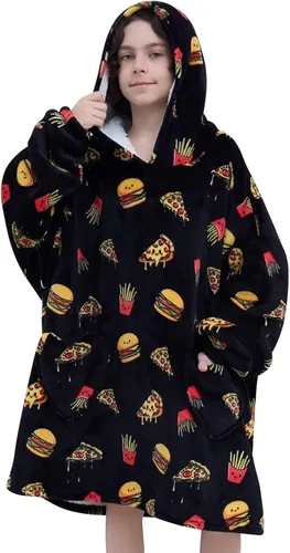 Fiosnow Manta con capucha de pizza y papas fritas para niños de 6 a 13 años, manta de gran tamaño para niños, niñas y adolescentes