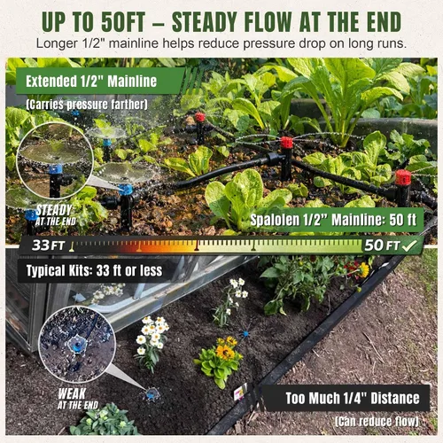 Miniatura 4 de Kit de sistema de riego por goteo a presión para conectar, sistema de riego de jardín de 2 zonas con línea principal de 50 pies y 1/2 pulgada