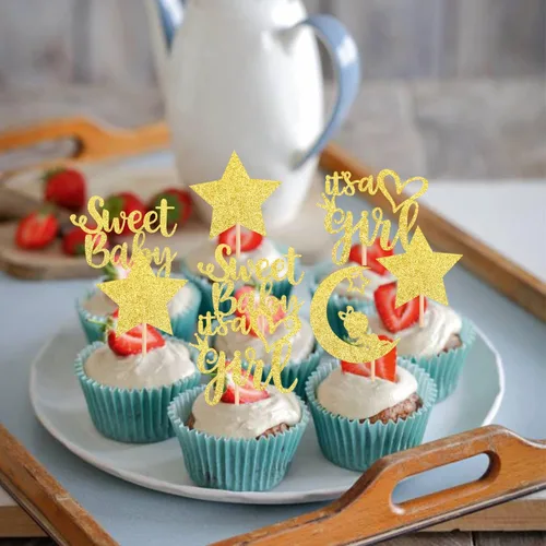 Miniatura 5 de 36 piezas de decoración para cupcakes con diseño de luna con purpurina de luna y estrella para revelación de género de bebé, baby shower, fiestas