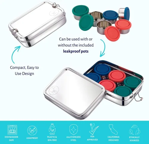 Miniatura 3 de Caja Bento reutilizable de acero inoxidable: 6 recipientes de 1.7 fl oz incluidos Sin plástico Apto para lavavajillas Sin derrames, a prueba