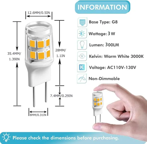 Miniatura 2 de Bombilla LED G8, 3 W (equivalente a halógeno de 20 W-25 W), base bi-pin G8 GY8.6, para iluminación de cocina debajo del mostrador, luz debajo