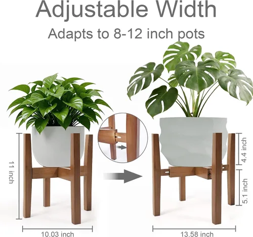 Miniatura 2 de Soporte de bambú natural para interiores, estante ajustable para plantas de interior que se adapta a macetas de 8 a 12 pulgadas, decoración moderna