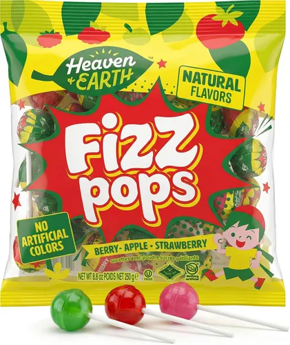 Heaven & Earth Paletas de efervescencia de bayas, manzanas y fresas (aproximadamente 38 unidades) | Dulces totalmente naturales | Kosher | Sin