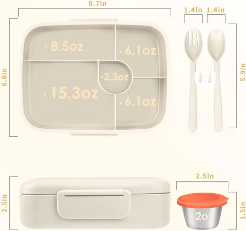 Miniatura 6 de Lonchera Bento, contenedor de almuerzo de 5 compartimentos para niños y adultos con taza de aperitivos, cajas de fibra de trigo ecológicas con doble