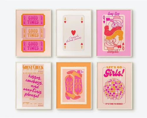 Arte de Pared Rosa Intenso Decoración Imágenes Estéticas de Moda Preppy Funky Arte de Pared Póster Retro de Póquer Naranja Lienzo Vintage Arte Rosa