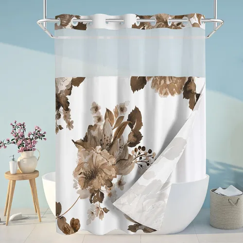 Miniatura 13 de Juego de cortina de ducha y forro sin gancho, cortinas de ducha florales negras para baño, juegos de cortinas de baño de hotel moderno con forro a