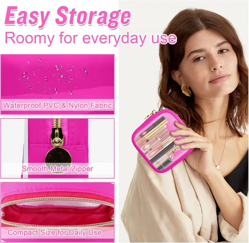 Miniatura 3 de izuzta Bolsa de Maquillaje Pequeña de Nylon, Linda Bolso Preppy, Bolsa de Cosméticos con Cremallera, Rosa fuerte, Mini 2-Rosa fuerte