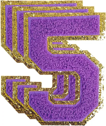 Miniatura 96 de 3 parches de números de chenilla negra, tamaño grande de 4-1/2" parches de números para planchar, parches universitarios para ropa, 8" Borde oro rosa