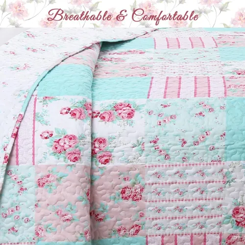 Miniatura 5 de Cozy Line Home Fashions - Juego de ropa de cama, colcha reversible con dulce estampado floral durazno y rosa claro en 3D con parches reales 100 %