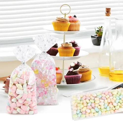 Miniatura 7 de 100 bolsas de celofán con estampado de estrellas plateadas de 5 x 11 pulgadas, bolsas de celofán transparentes para galletas, con lazos giratorios