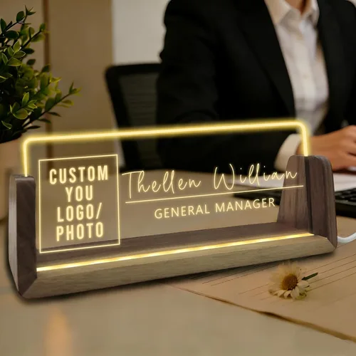 Placa de nombre de escritorio personalizada con logotipo, placa acrílica iluminada personalizada para escritorio, regalos de oficina personalizados