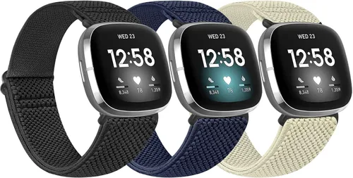 Miniatura 12 de Paquete de 3 correas elásticas de nailon compatibles con Fitbit Versa 4/Versa 3/Sense 2/Sense, suave, ajustable, transpirable, correas de repuesto